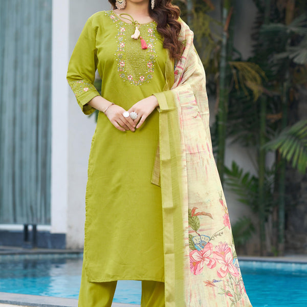 Sonakshi Women's Parrot Viscose Silk Multi Embroidered Thread With Hand Work Kurta Set With Dupatta
