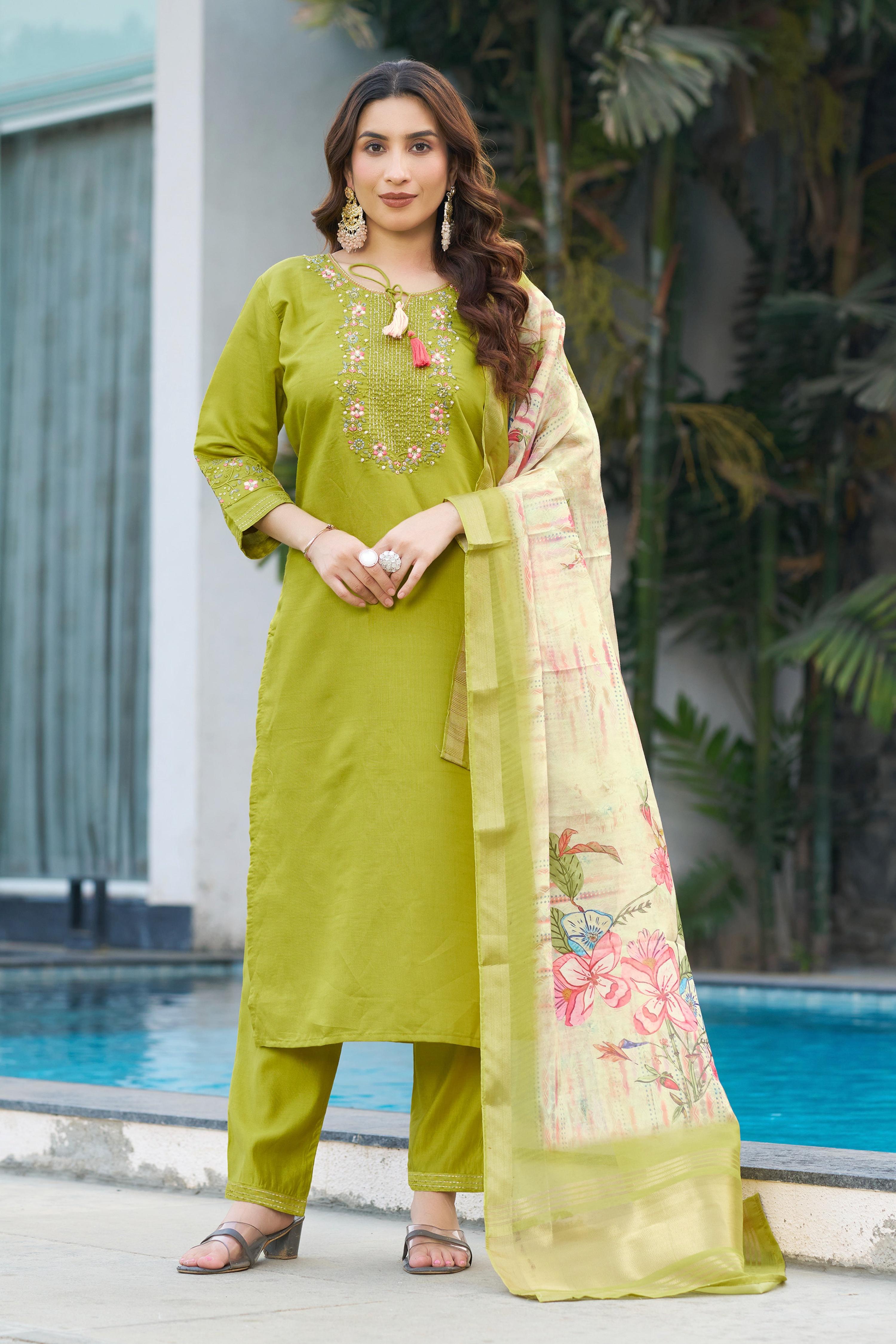 Sonakshi Women's Parrot Viscose Silk Multi Embroidered Thread With Hand Work Kurta Set With Dupatta - Distacart