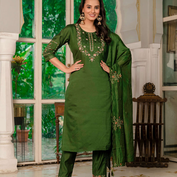 Sonakshi Women's Mehendi Marina Silk Multi Thread Embroidered With Hand Work Kurta Set With Dupatta - Distacart