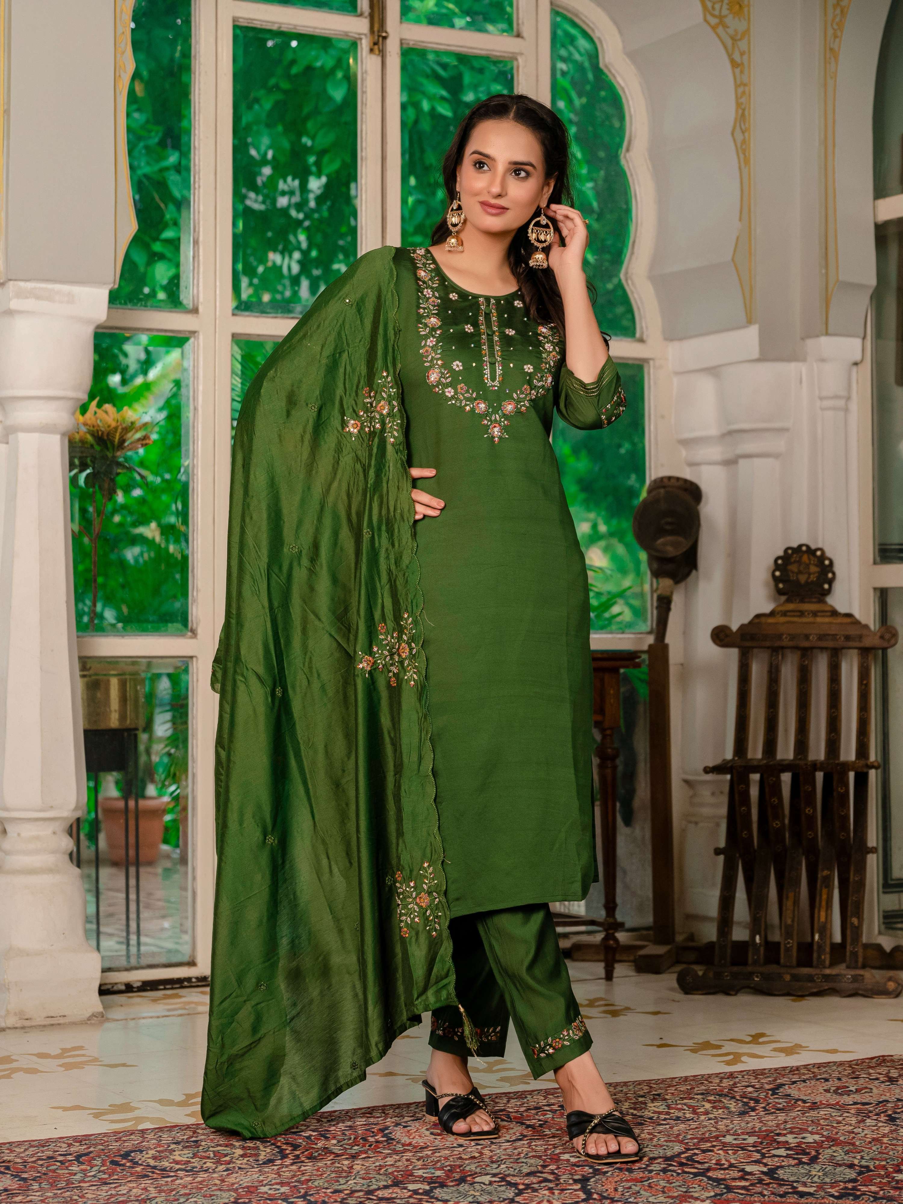 Sonakshi Women's Mehendi Marina Silk Multi Thread Embroidered With Hand Work Kurta Set With Dupatta - Distacart
