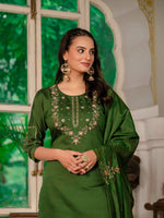 Thumbnail for Sonakshi Women's Mehendi Marina Silk Multi Thread Embroidered With Hand Work Kurta Set With Dupatta - Distacart