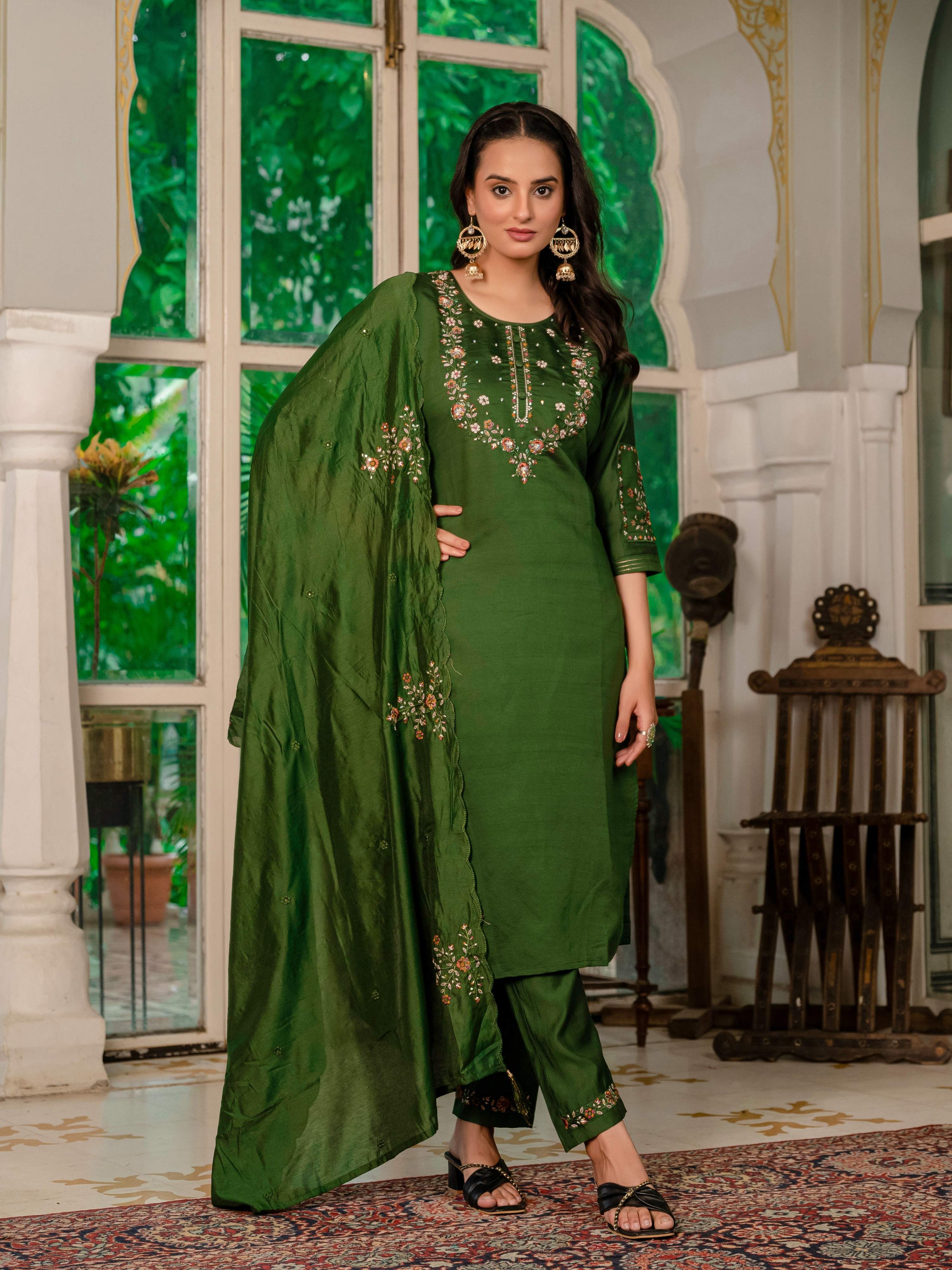 Sonakshi Women's Mehendi Marina Silk Multi Thread Embroidered With Hand Work Kurta Set With Dupatta - Distacart