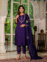 Thumbnail for Sonakshi Women's Purple Marina Silk Multi Thread Embroidered With Hand Work Kurta Set With Dupatta - Distacart