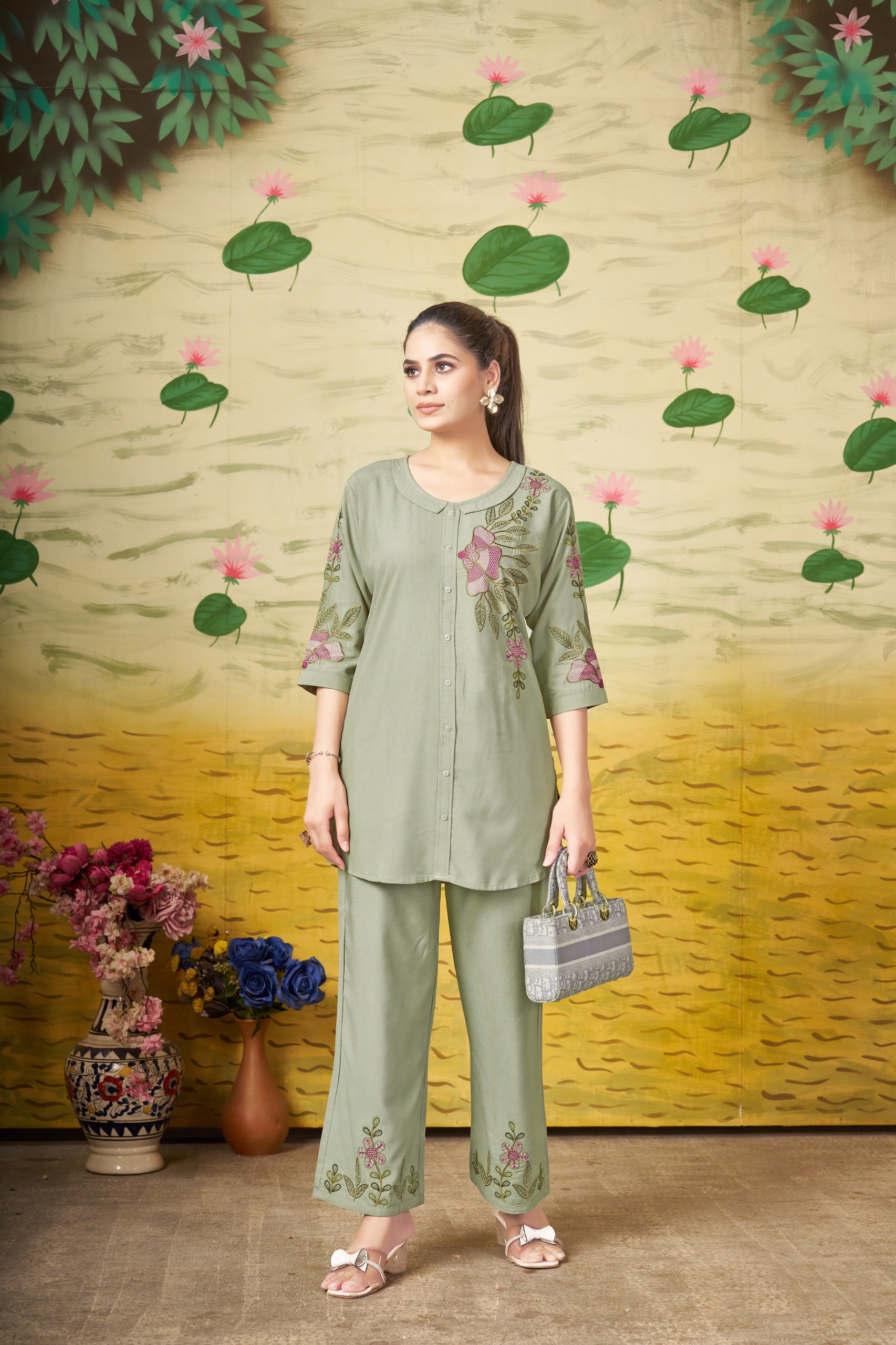 Sonakshi Women's Sea Green Rayon Embroidered Straight Top & Bottom Set - Distacart