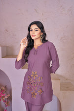 Thumbnail for Sonakshi Women's Purple Rayon Embroidered Straight Top & Bottom Set - Distacart