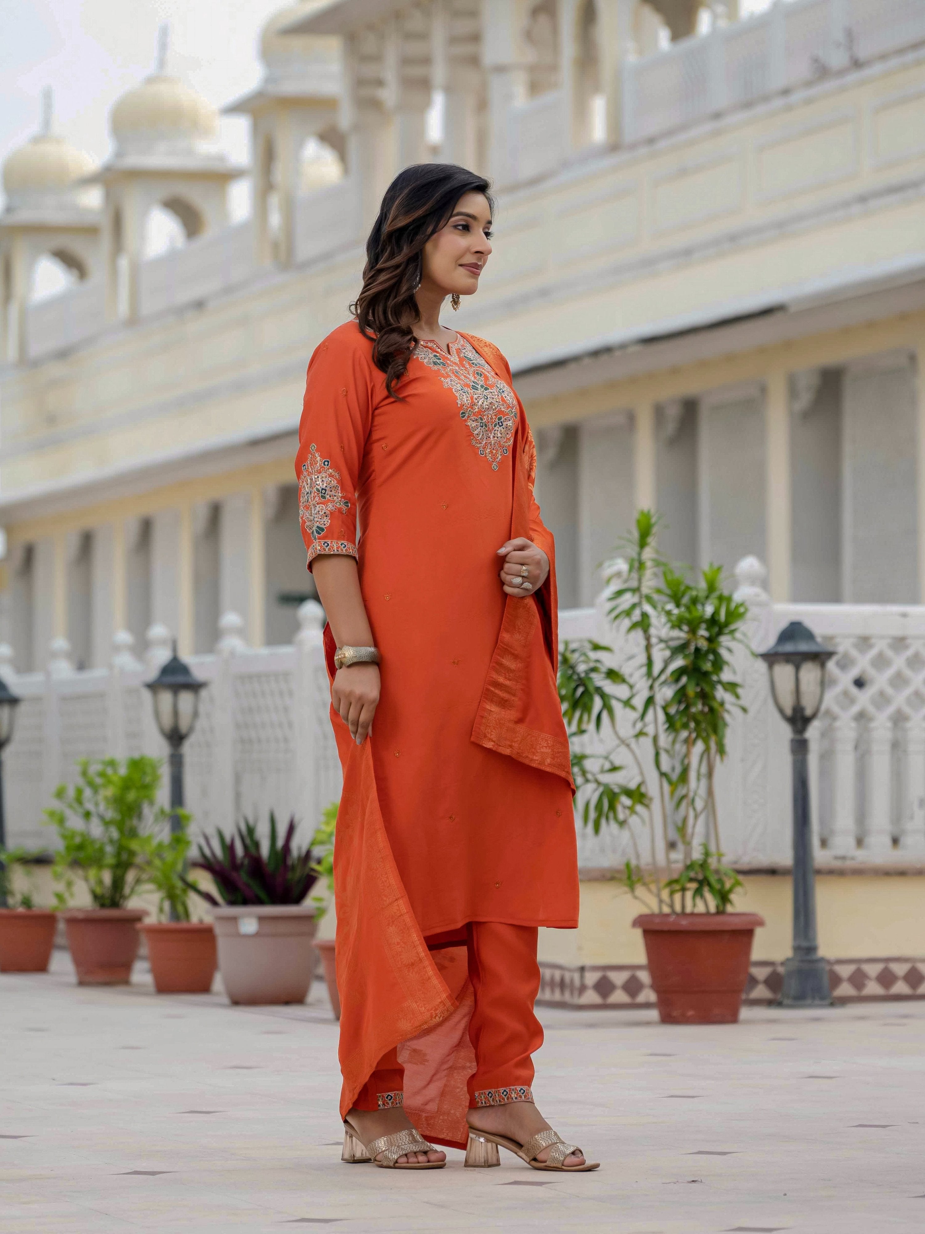 Sonakshi Women's Orange Premium Roman Silk Coding Embroidered Work Kurta Set With Dupatta