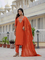 Thumbnail for Sonakshi Women's Orange Premium Roman Silk Coding Embroidered Work Kurta Set With Dupatta