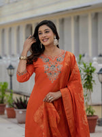 Thumbnail for Sonakshi Women's Orange Premium Roman Silk Coding Embroidered Work Kurta Set With Dupatta
