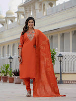 Thumbnail for Sonakshi Women's Orange Premium Roman Silk Coding Embroidered Work Kurta Set With Dupatta