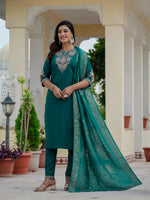 Thumbnail for Sonakshi Women's Rama Premium Roman Silk Coding Embroidered Work Kurta Set With Dupatta - Distacart
