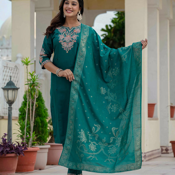 Sonakshi Women's Rama Premium Roman Silk Coding Embroidered Work Kurta Set With Dupatta - Distacart