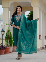 Thumbnail for Sonakshi Women's Rama Premium Roman Silk Coding Embroidered Work Kurta Set With Dupatta - Distacart