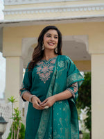 Thumbnail for Sonakshi Women's Rama Premium Roman Silk Coding Embroidered Work Kurta Set With Dupatta - Distacart