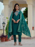 Thumbnail for Sonakshi Women's Rama Premium Roman Silk Coding Embroidered Work Kurta Set With Dupatta - Distacart
