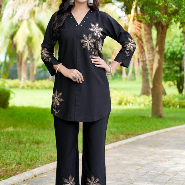 Sonakshi Women's Black Rayon Embroidered Straight Top & Bottom Set - Distacart