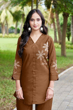 Thumbnail for Sonakshi Women's Brown Rayon Embroidered Straight Top & Bottom Set - Distacart