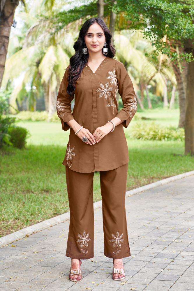 Sonakshi Women's Brown Rayon Embroidered Straight Top & Bottom Set - Distacart