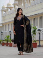 Thumbnail for Sonakshi Women's Black Premium Roman Silk Coding Embroidered Work Kurta Set With Dupatta