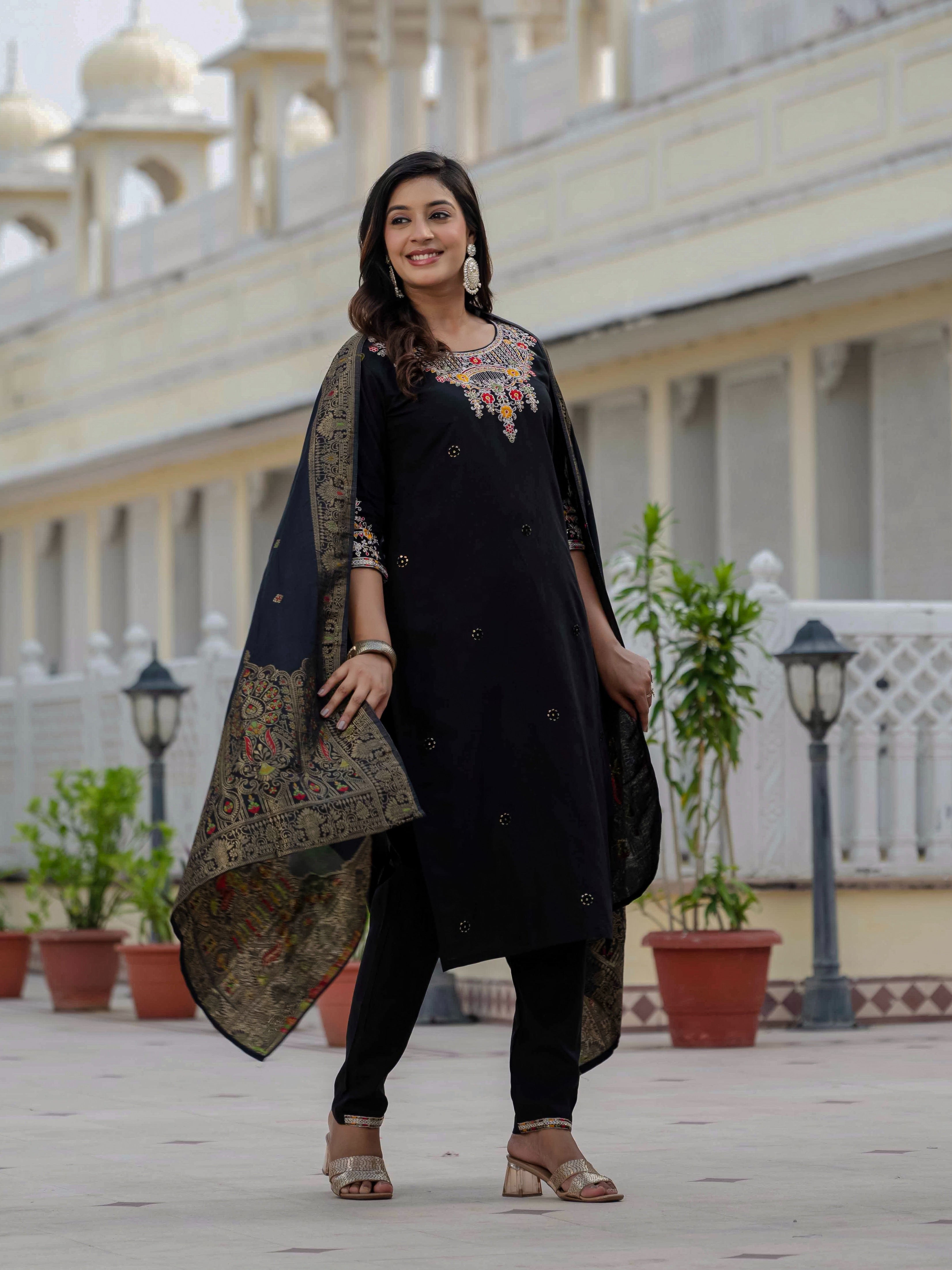Sonakshi Women's Black Premium Roman Silk Coding Embroidered Work Kurta Set With Dupatta