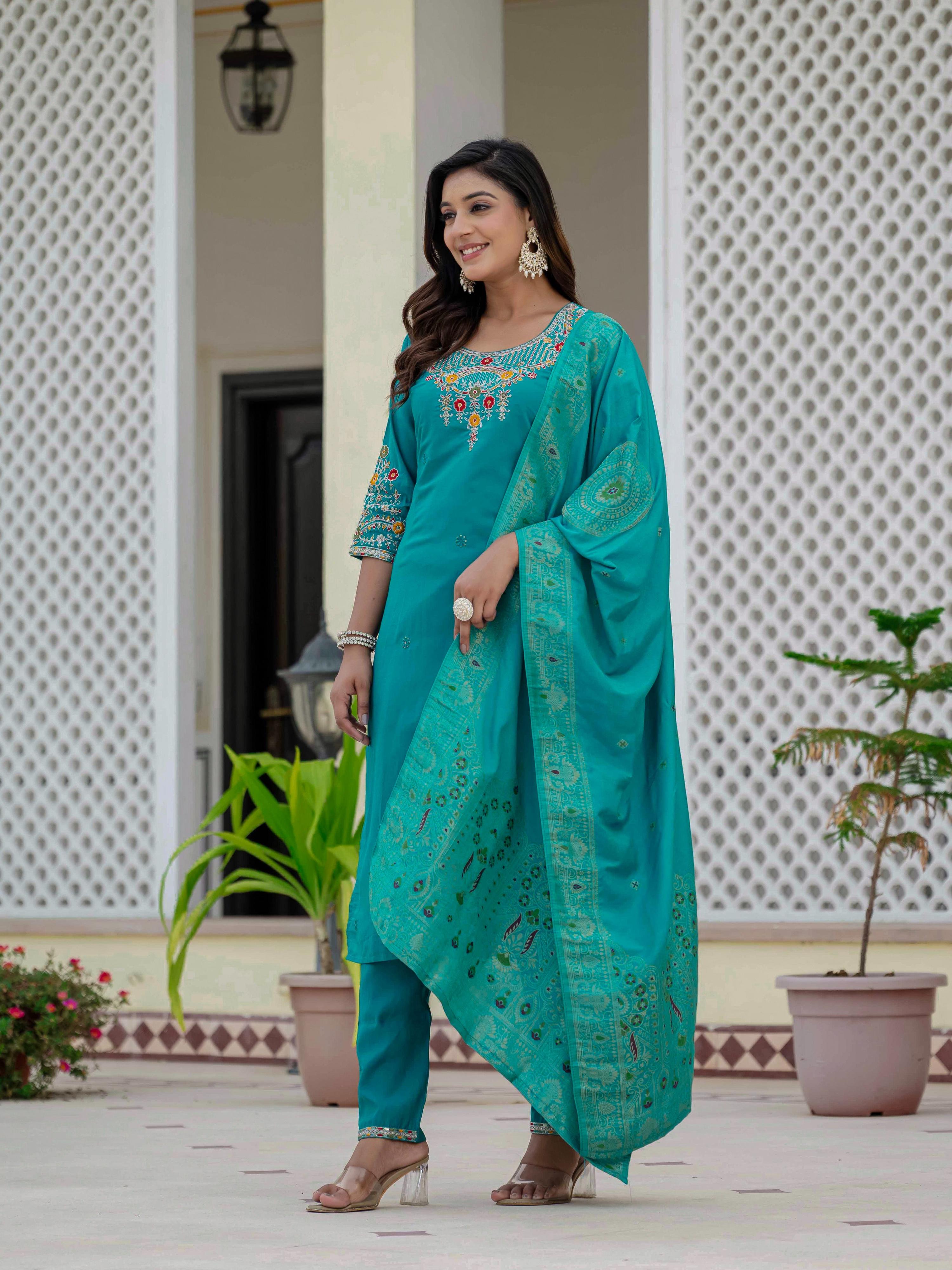 Sonakshi Women's Teal Premium Roman Silk Coding Embroidered Work Kurta Set With Dupatta