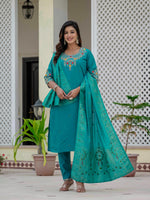 Thumbnail for Sonakshi Women's Teal Premium Roman Silk Coding Embroidered Work Kurta Set With Dupatta