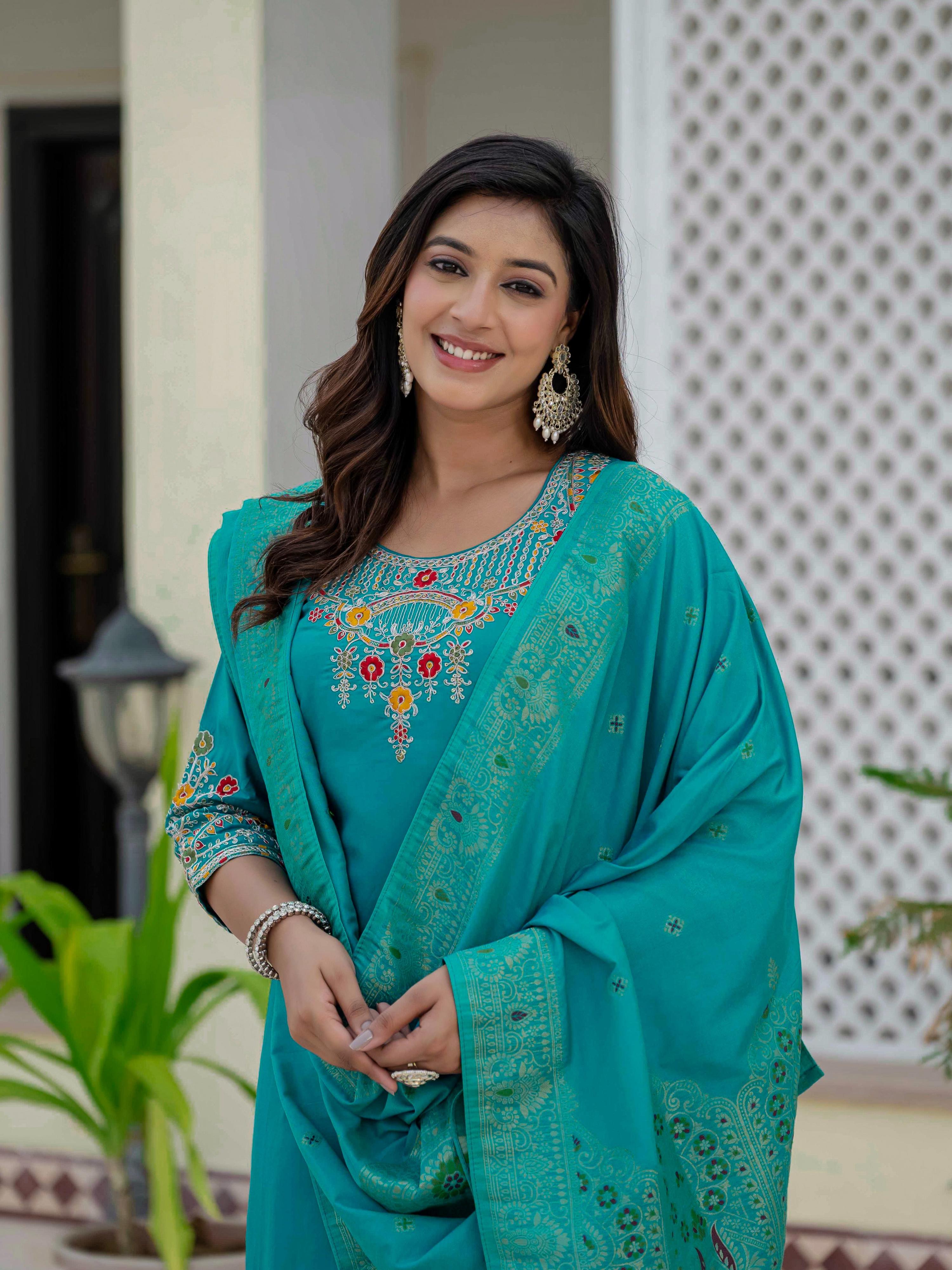 Sonakshi Women's Teal Premium Roman Silk Coding Embroidered Work Kurta Set With Dupatta