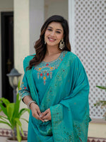 Thumbnail for Sonakshi Women's Teal Premium Roman Silk Coding Embroidered Work Kurta Set With Dupatta
