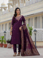 Thumbnail for Sonakshi Women's Wine Premium Roman Silk Coding Embroidered Work Kurta Set With Dupatta