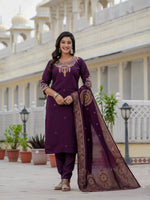 Thumbnail for Sonakshi Women's Wine Premium Roman Silk Coding Embroidered Work Kurta Set With Dupatta