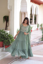 Thumbnail for Sonakshi Women's Pista Faux Blooming With Sequins Multi Thread Beads Embroidered Work Anarkali Gown Set With Dupatta - Distacart