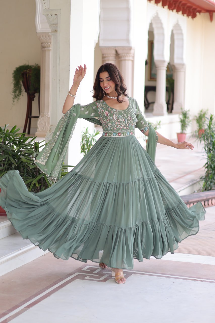 Sonakshi Women's Pista Faux Blooming With Sequins Multi Thread Beads Embroidered Work Anarkali Gown Set With Dupatta - Distacart