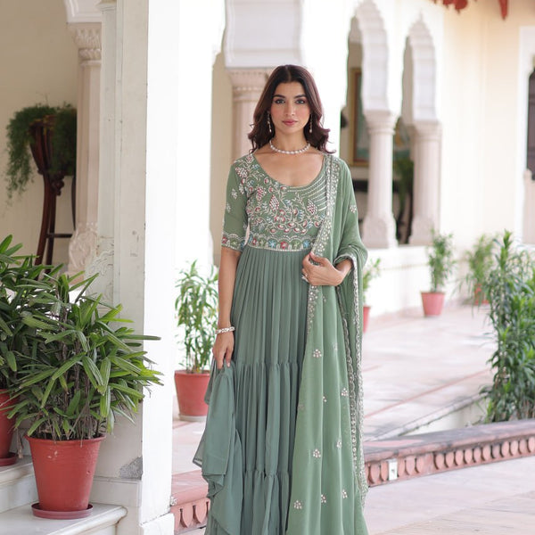 Sonakshi Women's Pista Faux Blooming With Sequins Multi Thread Beads Embroidered Work Anarkali Gown Set With Dupatta - Distacart