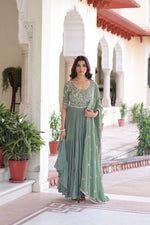 Thumbnail for Sonakshi Women's Pista Faux Blooming With Sequins Multi Thread Beads Embroidered Work Anarkali Gown Set With Dupatta - Distacart