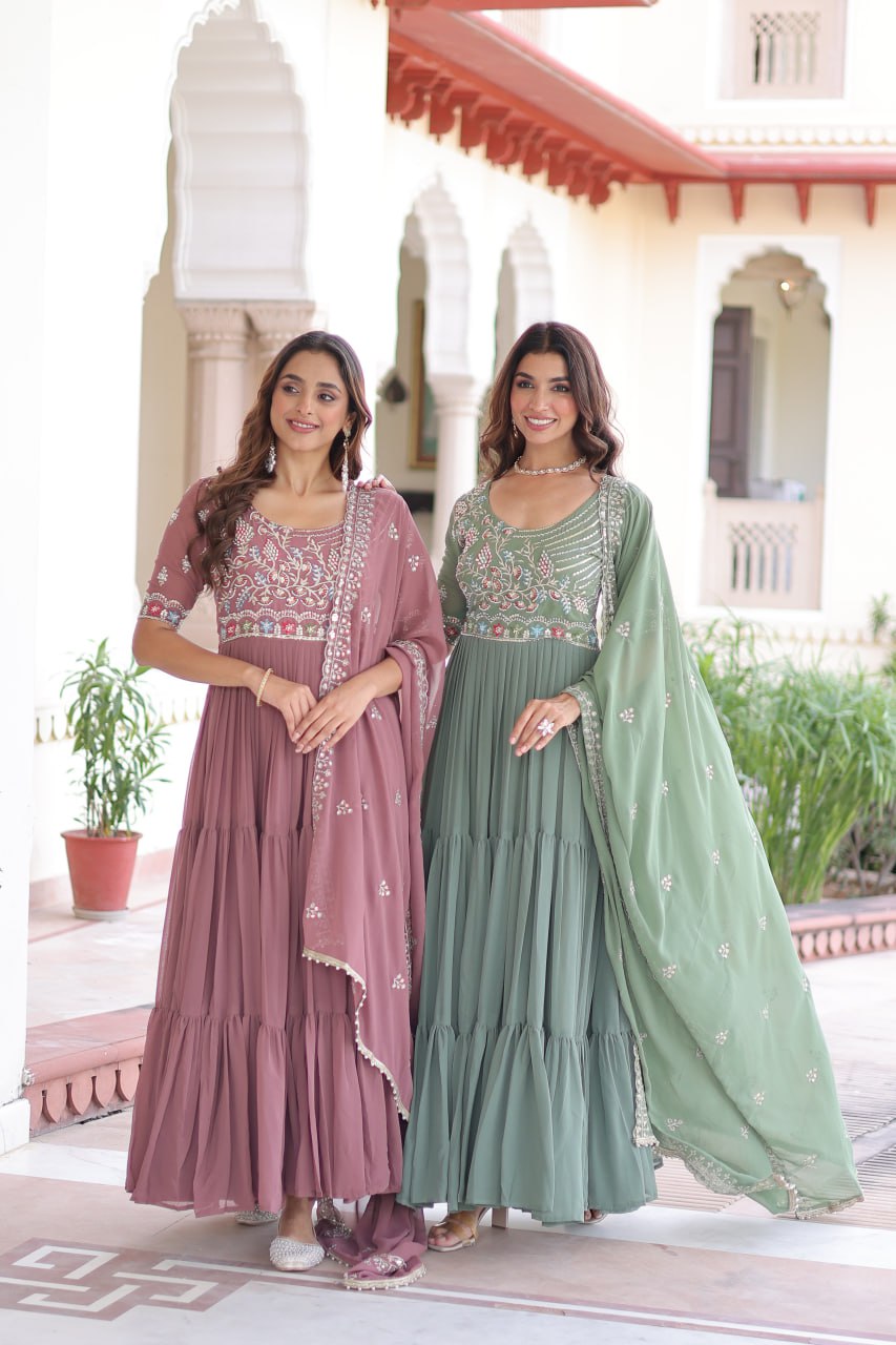 Sonakshi Women's Onion & Pista Faux Blooming With Sequins Multi Thread Beads Embroidered Work Anarkali Gown Set With Dupatta - Distacart