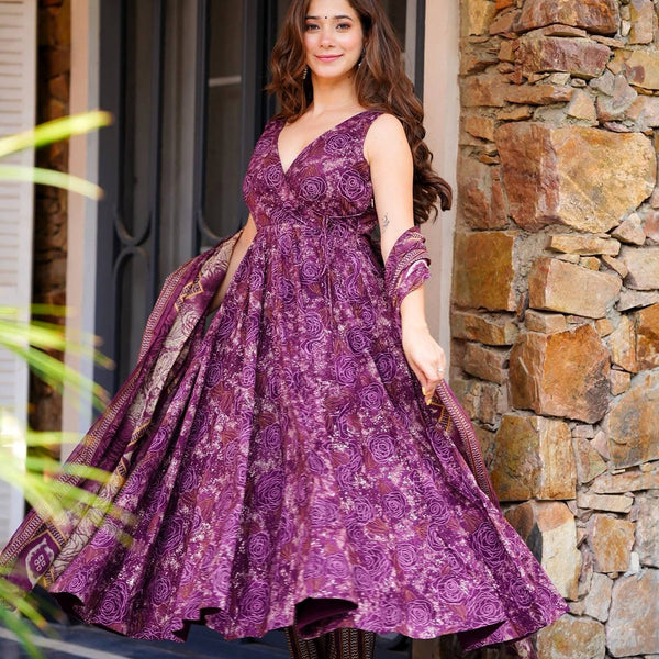 Sonakshi Women's Purple Masleen With Heavy Digital Printed Anarkali Gown Set With Dupatta - Distacart