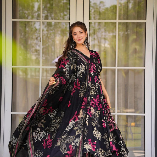 Sonakshi Women's Black Masleen With Heavy Digital Printed Anarkali Gown Set With Dupatta - Distacart