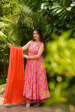 Thumbnail for Sonakshi Women's Pink Masleen With Heavy Digital Printed Anarkali Gown Set With Dupatta - Distacart