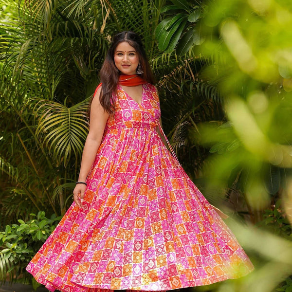 Sonakshi Women's Pink Masleen With Heavy Digital Printed Anarkali Gown Set With Dupatta - Distacart