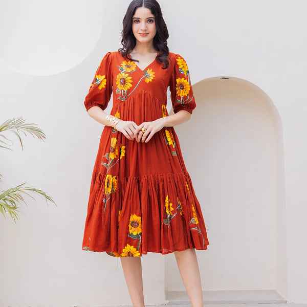 Sonakshi Women's Rust Kota Checks With Heavy Digital Printed Anarkali Gown Set - Distacart