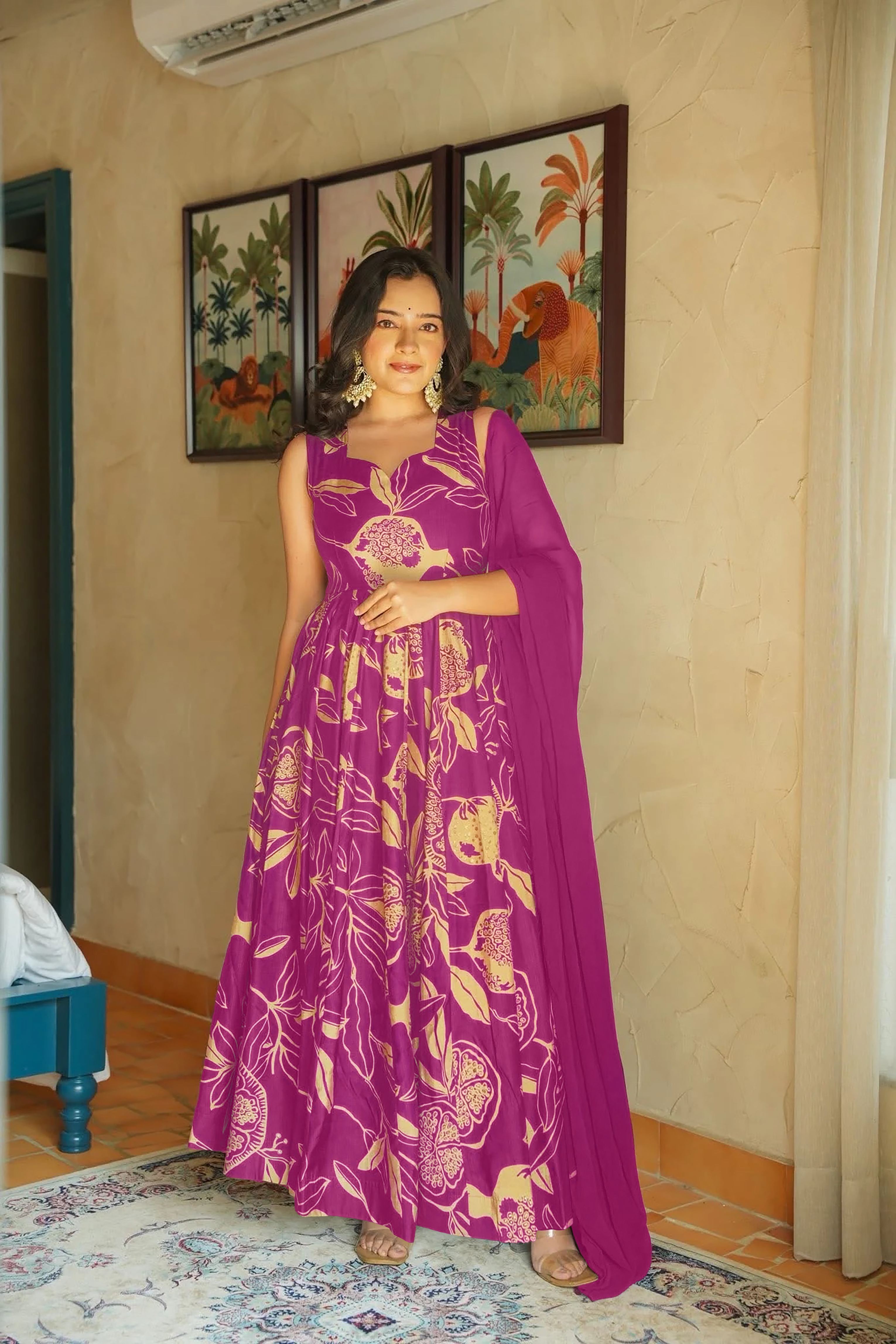 Sonakshi Women's Purple Heavy Rayon With Heavy Digital Printed Anarkali Gown Set With Dupatta - Distacart
