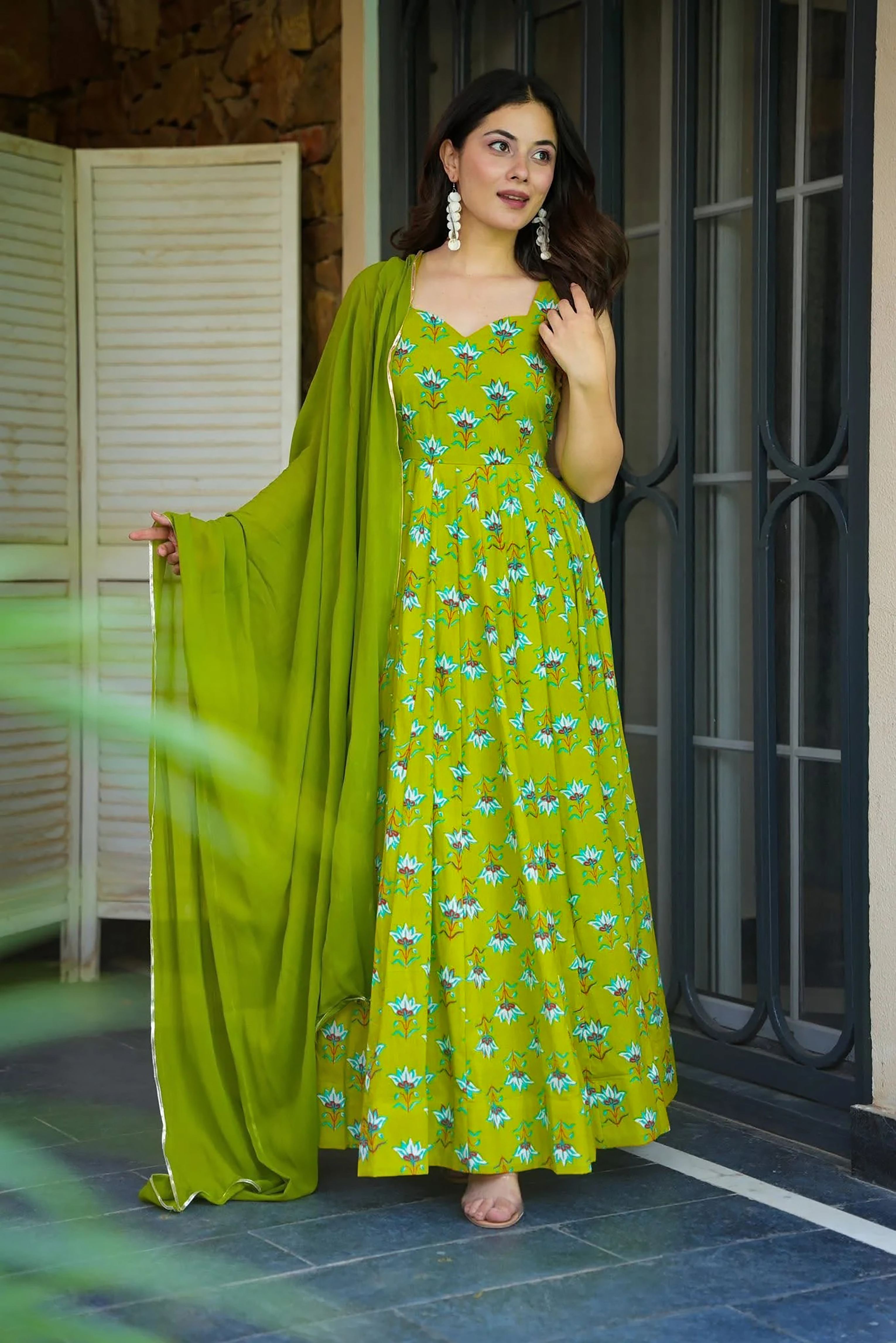 Sonakshi Women's Parrot Heavy Rayon With Heavy Digital Printed Anarkali Gown Set With Dupatta - Distacart