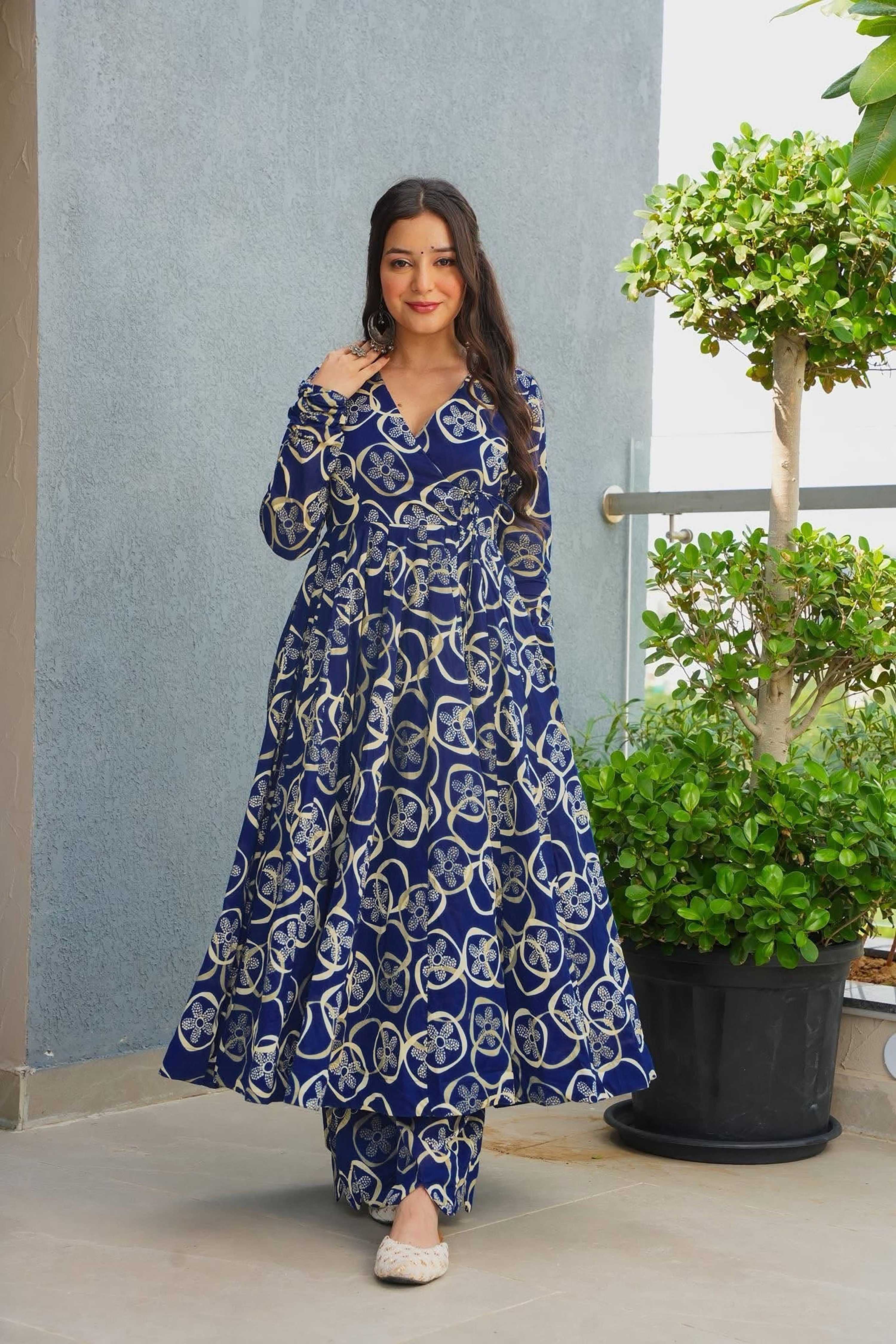 Sonakshi Women's Blue Heavy Rayon With Heavy Digital Printed Anarkali Gown Set - Distacart