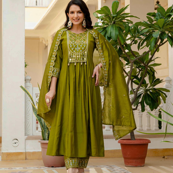 Sonakshi Women's Mehendi Viscose Roman Silk With Multi Thread Embroidered With Mirror Hand Work Anarkali Gown Set With Dupatta - Distacart
