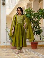 Thumbnail for Sonakshi Women's Mehendi Viscose Roman Silk With Multi Thread Embroidered With Mirror Hand Work Anarkali Gown Set With Dupatta - Distacart