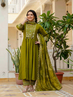 Thumbnail for Sonakshi Women's Mehendi Viscose Roman Silk With Multi Thread Embroidered With Mirror Hand Work Anarkali Gown Set With Dupatta - Distacart