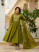 Thumbnail for Sonakshi Women's Mehendi Viscose Roman Silk With Multi Thread Embroidered With Mirror Hand Work Anarkali Gown Set With Dupatta - Distacart