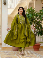 Thumbnail for Sonakshi Women's Mehendi Viscose Roman Silk With Multi Thread Embroidered With Mirror Hand Work Anarkali Gown Set With Dupatta - Distacart