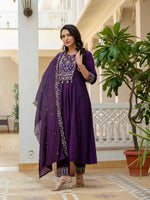 Thumbnail for Sonakshi Women's Purple Viscose Roman Silk With Multi Thread Embroidered With Mirror Hand Work Anarkali Gown Set With Dupatta - Distacart
