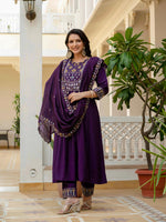 Thumbnail for Sonakshi Women's Purple Viscose Roman Silk With Multi Thread Embroidered With Mirror Hand Work Anarkali Gown Set With Dupatta - Distacart