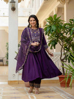 Thumbnail for Sonakshi Women's Purple Viscose Roman Silk With Multi Thread Embroidered With Mirror Hand Work Anarkali Gown Set With Dupatta - Distacart